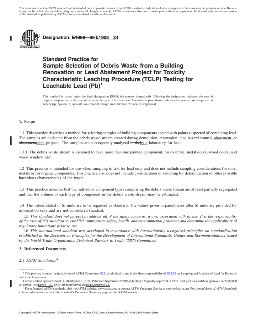 REDLINE ASTM E1908-24 - Standard Practice for Sample Selection of Debris Waste from a Building Renovation  or Lead Abatement Project for Toxicity Characteristic Leaching Procedure  (TCLP) Testing for Leachable Lead (Pb)