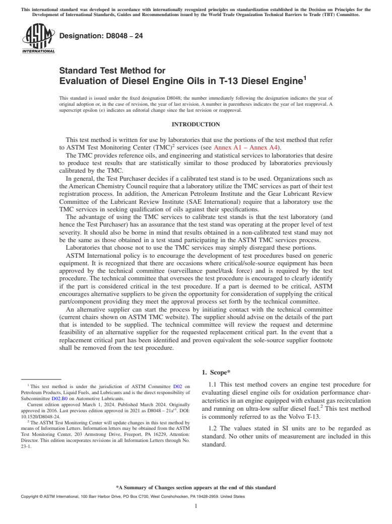 ASTM D8048-24 - Standard Test Method for Evaluation of Diesel Engine Oils in T-13 Diesel Engine