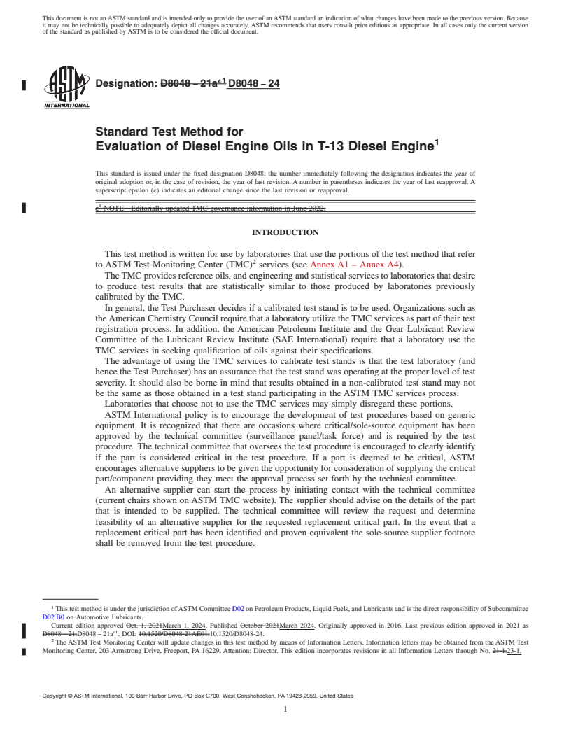 REDLINE ASTM D8048-24 - Standard Test Method for Evaluation of Diesel Engine Oils in T-13 Diesel Engine
