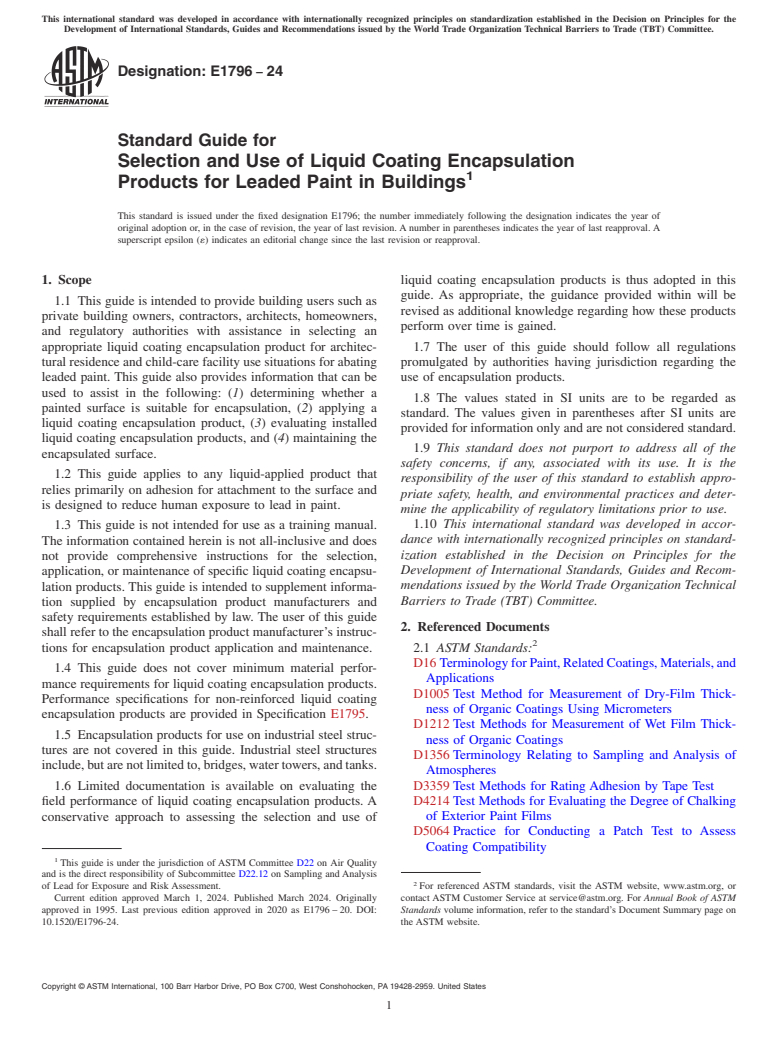 ASTM E1796-24 - Standard Guide for Selection and Use of Liquid Coating Encapsulation Products  for Leaded Paint in Buildings