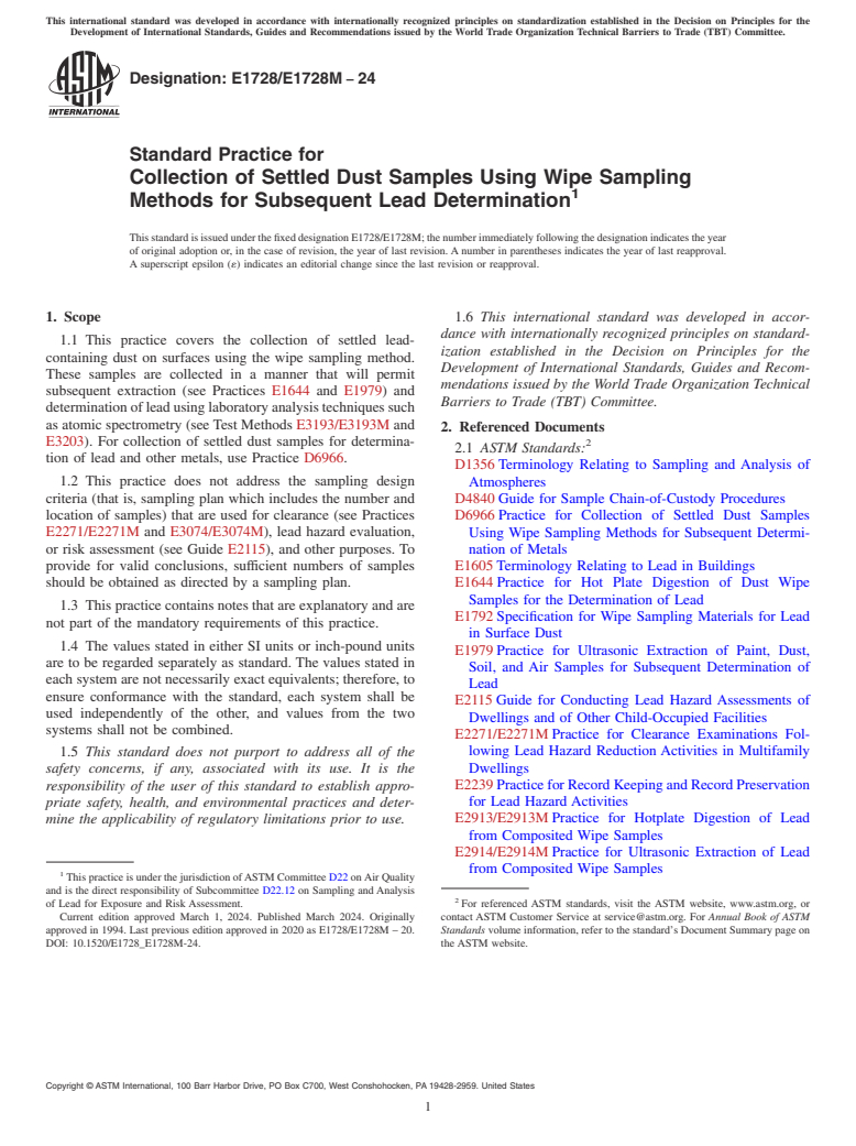 ASTM E1728/E1728M-24 - Standard Practice for Collection of Settled Dust Samples Using Wipe Sampling Methods  for Subsequent Lead Determination