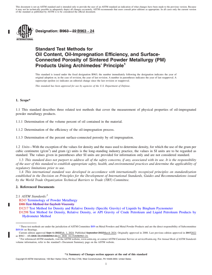 REDLINE ASTM B963-24 - Standard Test Methods for Oil Content, Oil-Impregnation Efficiency, and Surface-Connected   Porosity of Sintered Powder Metallurgy (PM) Products Using Archimedes’   Principle