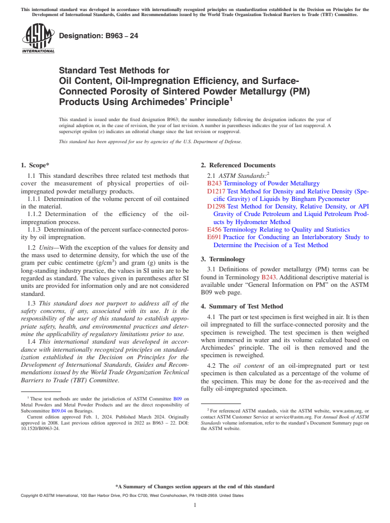ASTM B963-24 - Standard Test Methods for Oil Content, Oil-Impregnation Efficiency, and Surface-Connected   Porosity of Sintered Powder Metallurgy (PM) Products Using Archimedes’   Principle