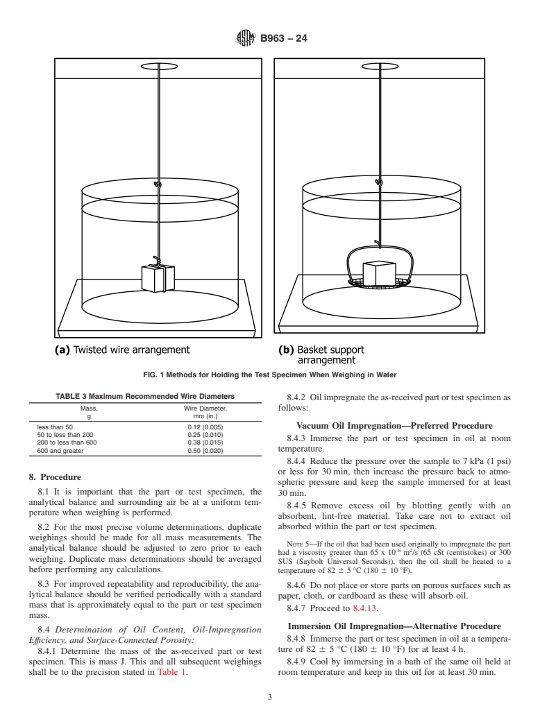 ASTM B963-24 - Standard Test Methods for Oil Content, Oil-Impregnation Efficiency, and Surface-Connected   Porosity of Sintered Powder Metallurgy (PM) Products Using Archimedes’   Principle