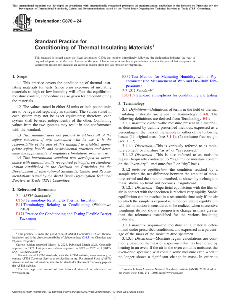 ASTM C870-24 - Standard Practice for Conditioning of Thermal Insulating Materials