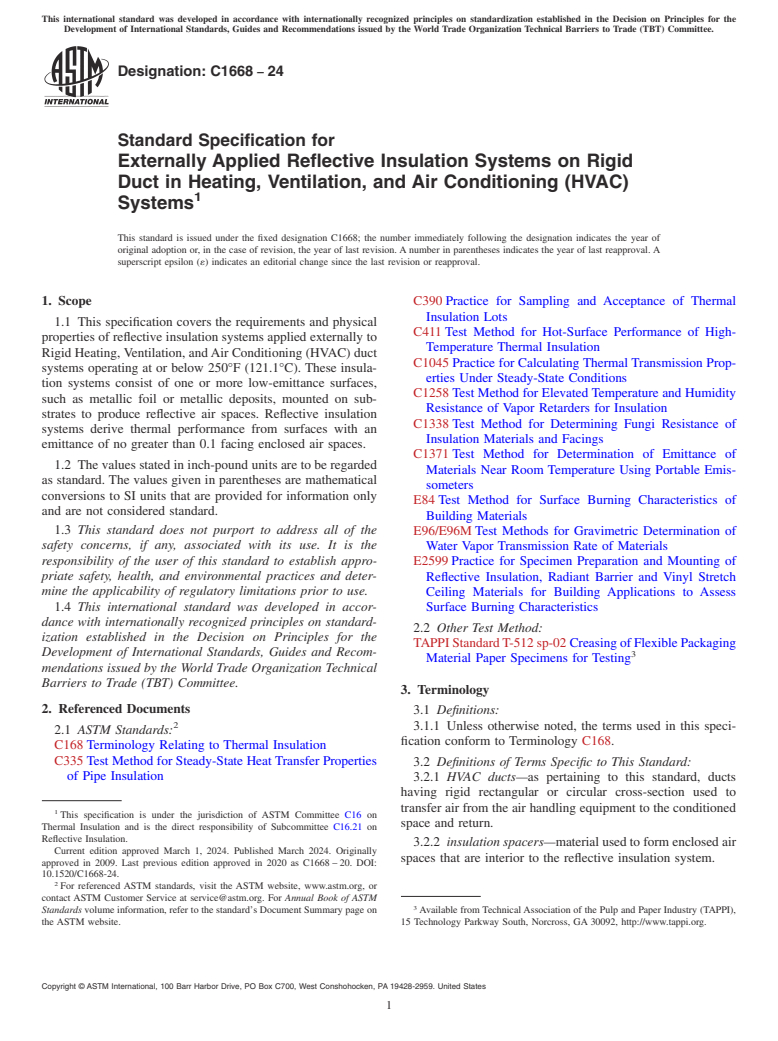 ASTM C1668-24 - Standard Specification for  Externally Applied Reflective Insulation Systems on Rigid Duct  in Heating, Ventilation, and Air Conditioning (HVAC) Systems