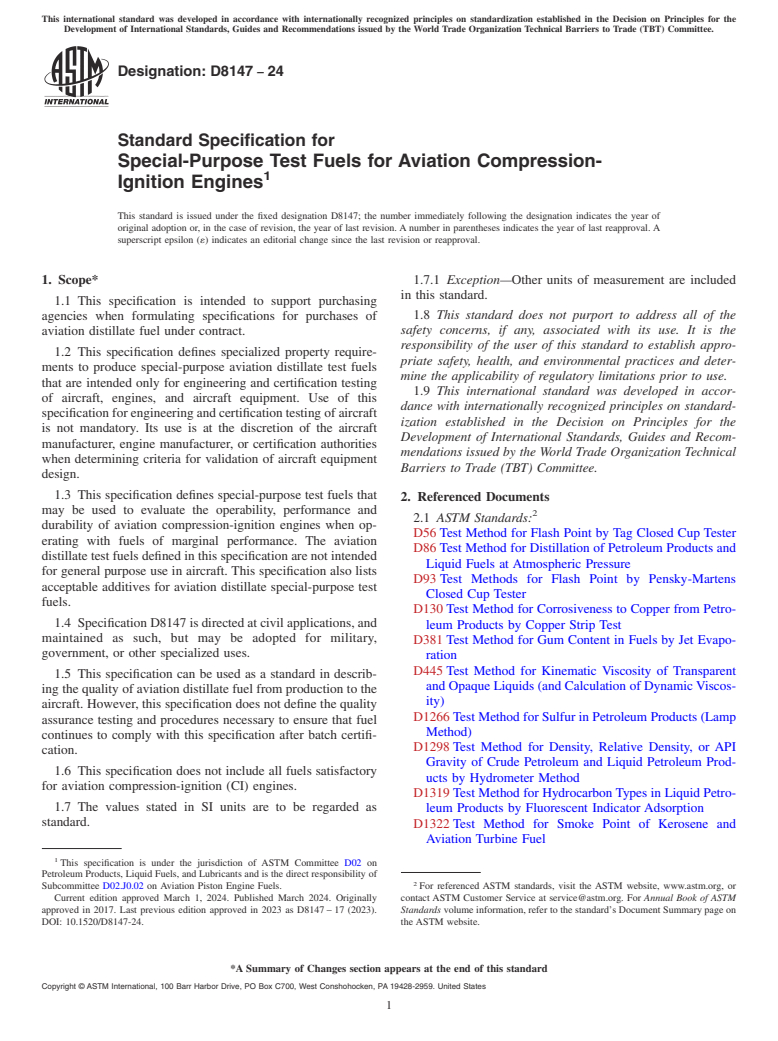 ASTM D8147-24 - Standard Specification for Special-Purpose Test Fuels for Aviation Compression-Ignition  Engines