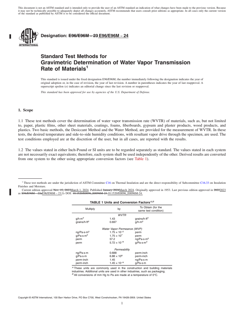 REDLINE ASTM E96/E96M-24 - Standard Test Methods for Gravimetric Determination of Water Vapor Transmission Rate  of Materials
