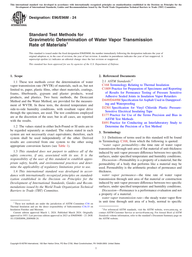 ASTM E96/E96M-24 - Standard Test Methods for Gravimetric Determination of Water Vapor Transmission Rate  of Materials