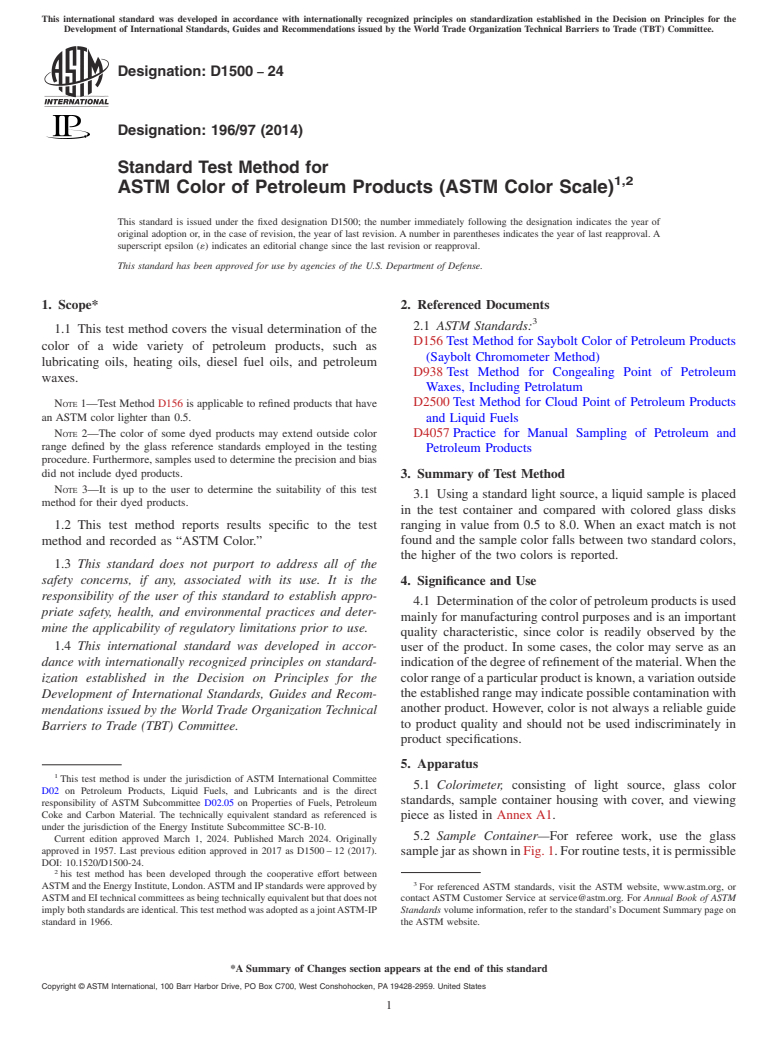 ASTM D1500-24 - Standard Test Method for ASTM Color of Petroleum Products (ASTM Color Scale)