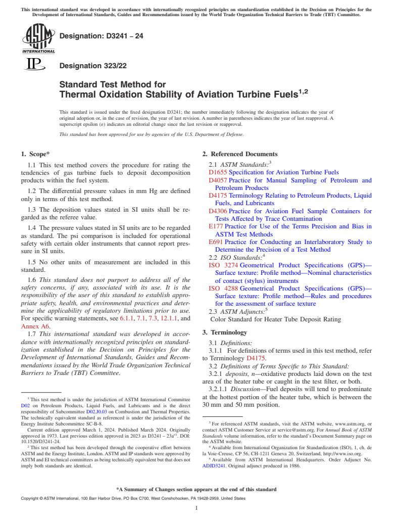 ASTM D3241-24 - Standard Test Method for Thermal Oxidation Stability of Aviation Turbine Fuels