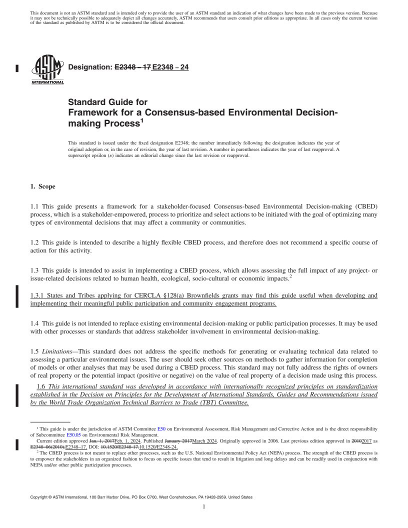 REDLINE ASTM E2348-24 - Standard Guide for  Framework for a Consensus-based Environmental Decision-making  Process