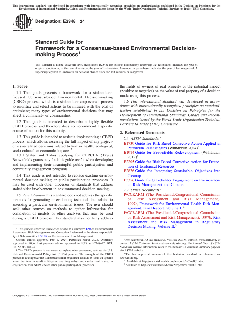 ASTM E2348-24 - Standard Guide for  Framework for a Consensus-based Environmental Decision-making  Process