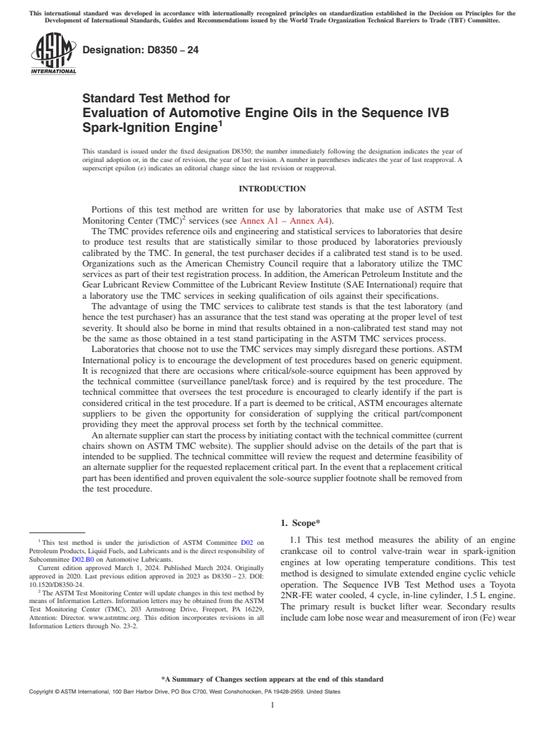 ASTM D8350-24 - Standard Test Method for Evaluation of Automotive Engine Oils in the Sequence IVB Spark-Ignition  Engine