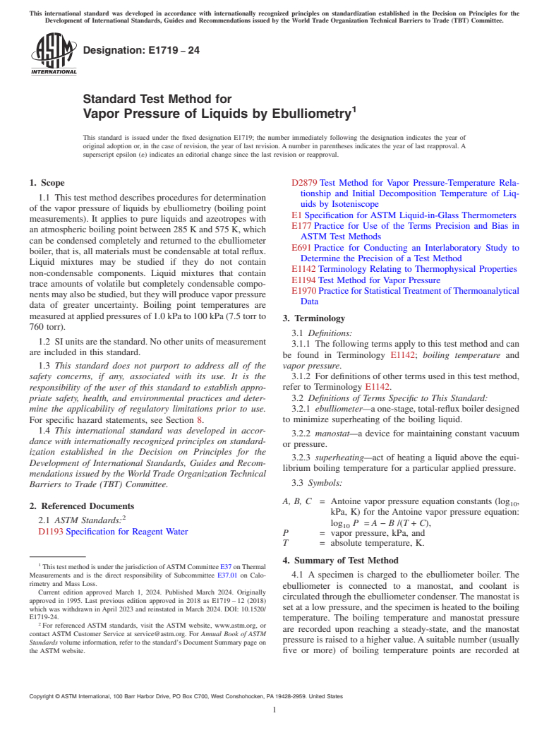 ASTM E1719-24 - Standard Test Method for  Vapor Pressure of Liquids by Ebulliometry