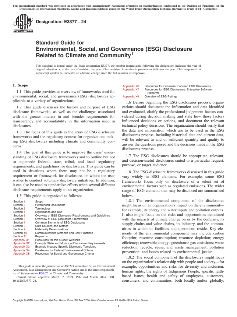 ASTM E3377-24 - Standard Guide for Environmental, Social, and Governance (ESG) Disclosure Related  to Climate and Community