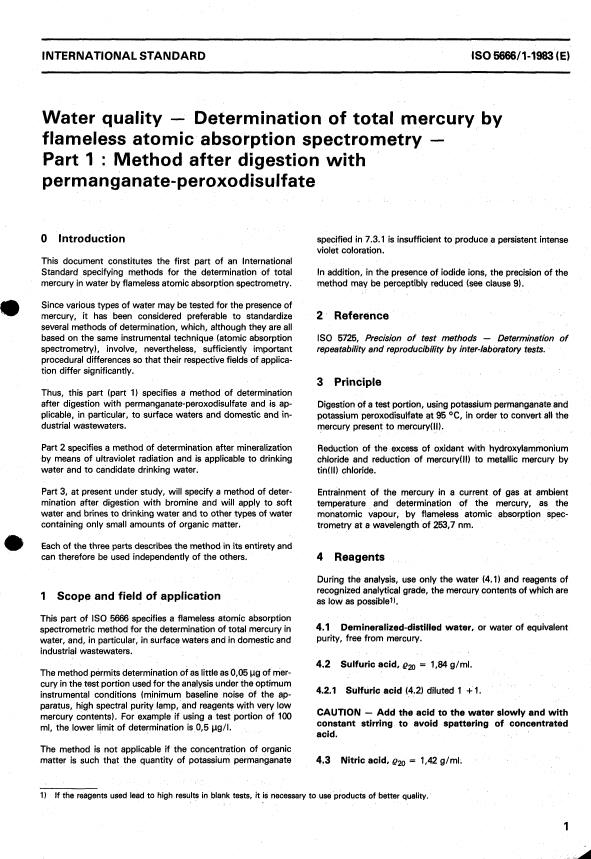 ISO 5666-1:1983 - Water quality -- Determination of total mercury by flameless atomic absorption spectrometry
