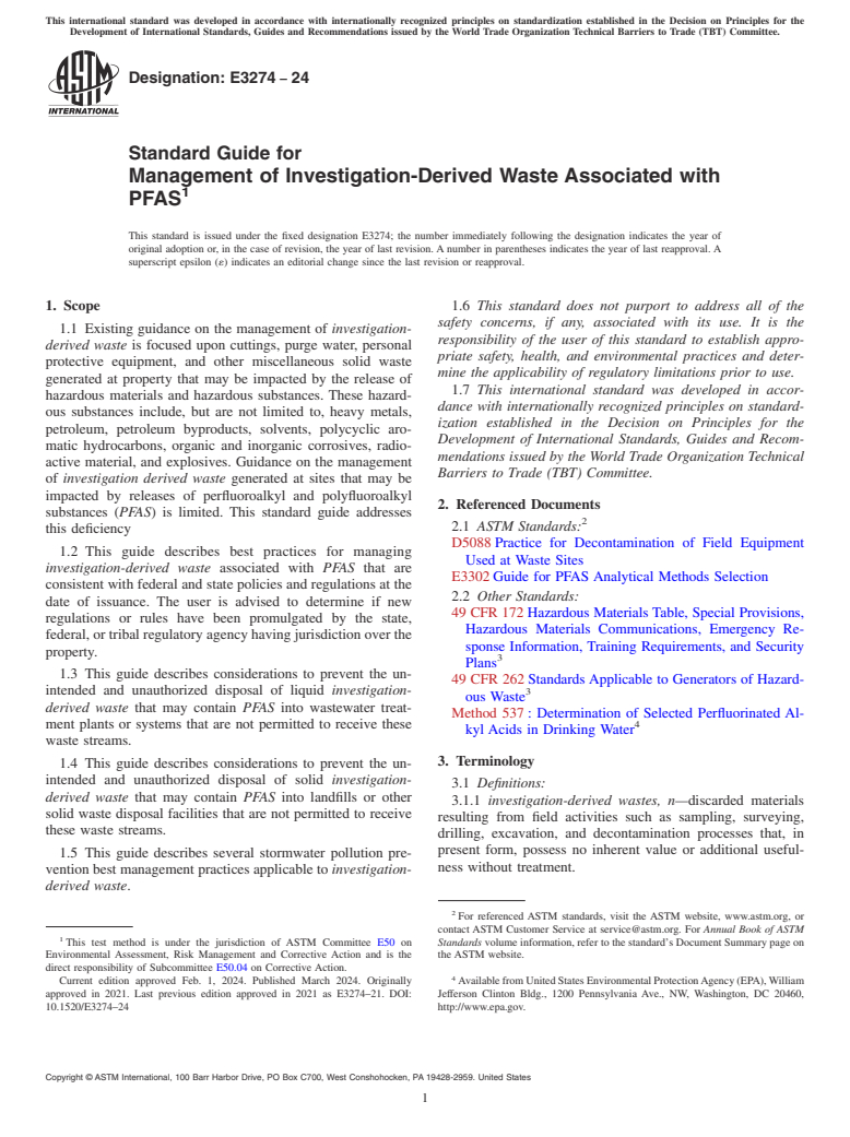 ASTM E3274-24 - Standard Guide for Management of Investigation-Derived Waste Associated with PFAS