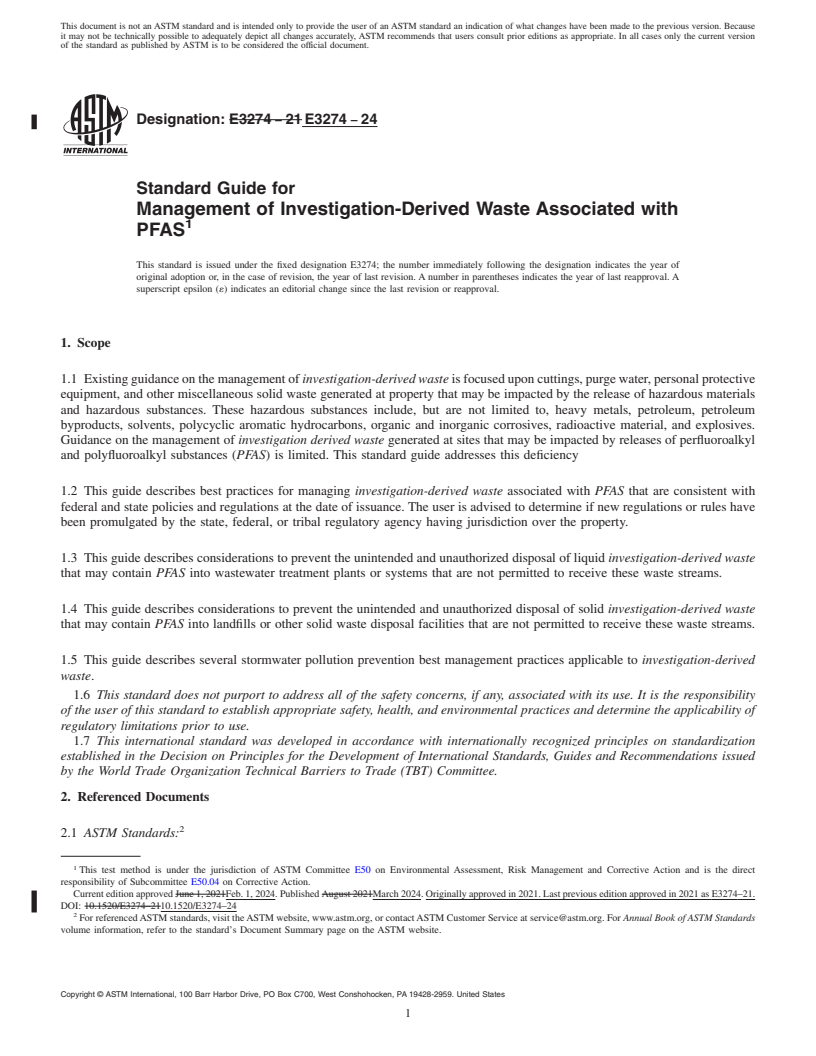 REDLINE ASTM E3274-24 - Standard Guide for Management of Investigation-Derived Waste Associated with PFAS