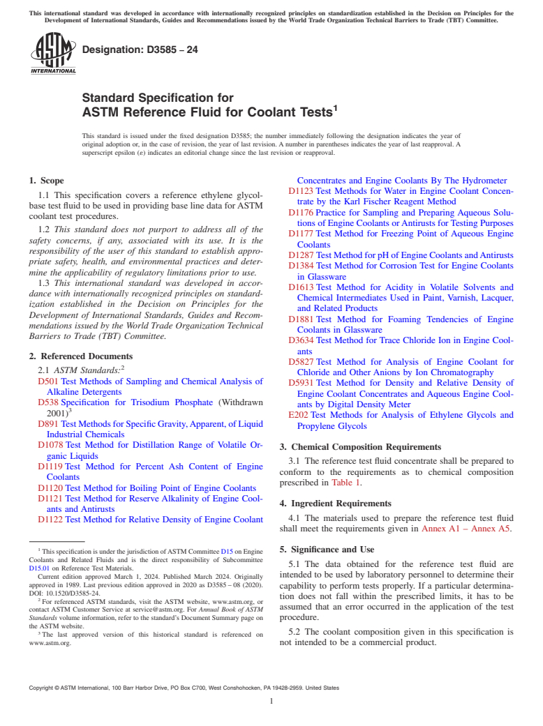 ASTM D3585-24 - Standard Specification for ASTM Reference Fluid for Coolant Tests