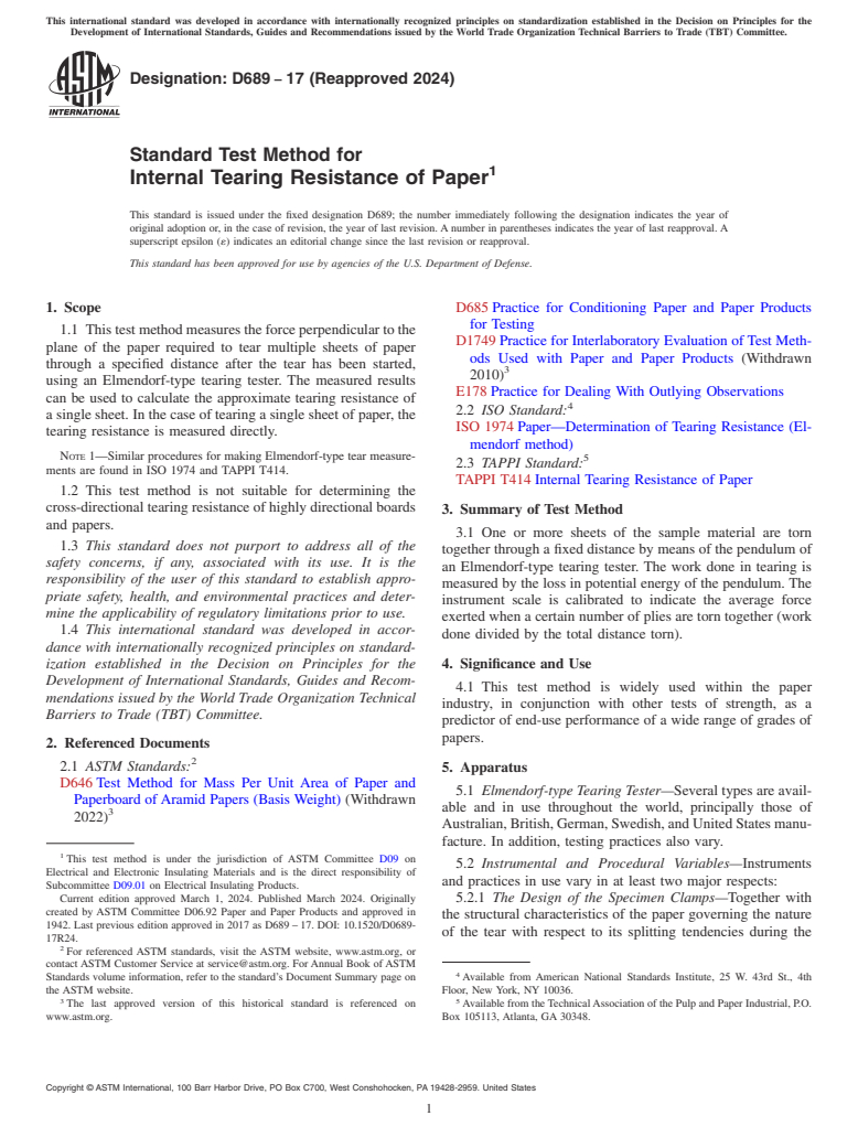 ASTM D689-17(2024) - Standard Test Method for Internal Tearing Resistance of Paper