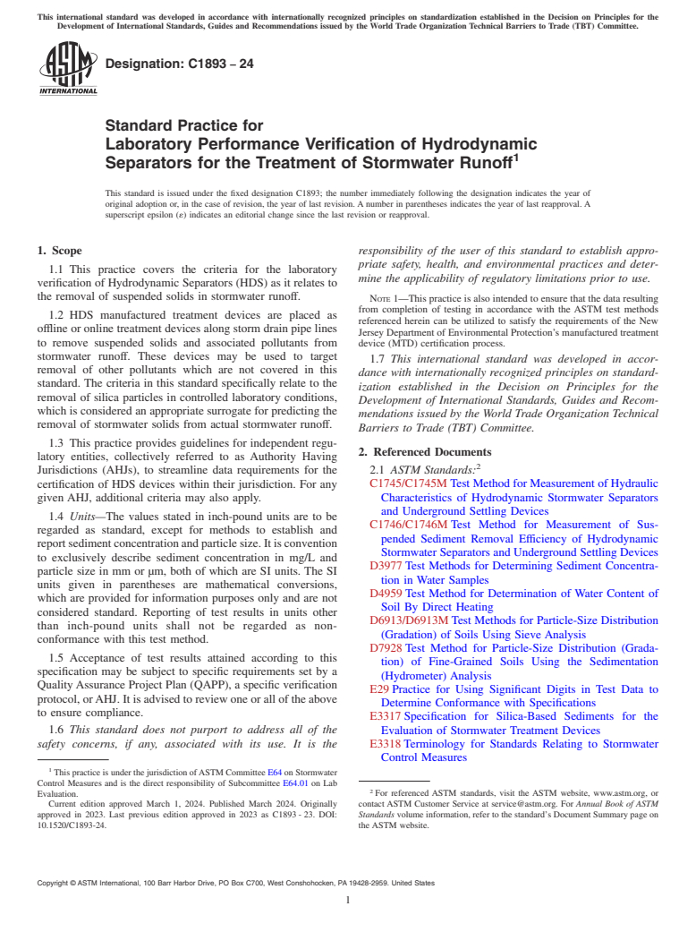 ASTM C1893-24 - Standard Practice for Laboratory Performance Verification of Hydrodynamic Separators  for the Treatment of Stormwater Runoff