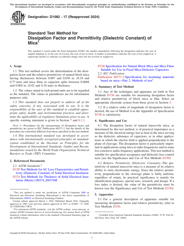 ASTM D1082-17(2024) - Standard Test Method for  Dissipation Factor and Permittivity (Dielectric Constant) of  Mica