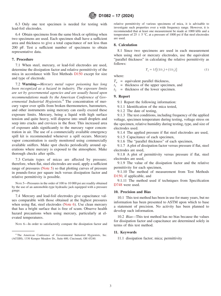 ASTM D1082-17(2024) - Standard Test Method for  Dissipation Factor and Permittivity (Dielectric Constant) of  Mica