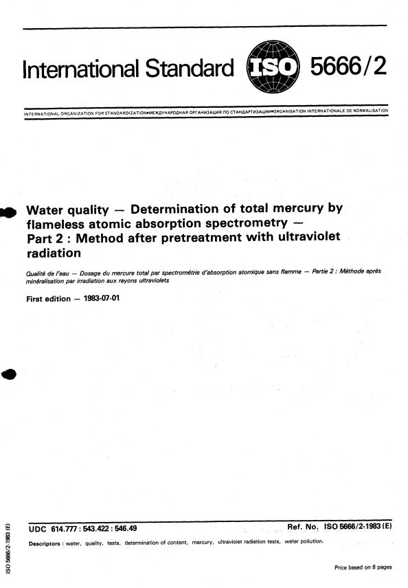 ISO 5666-2:1983 - Water quality -- Determination of total mercury by flameless atomic absorption spectrometry