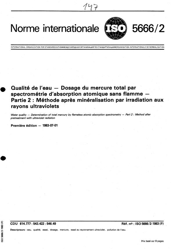 ISO 5666-2:1983 - Qualité de l'eau -- Dosage du mercure total par spectrométrie d'absorption atomique sans flamme