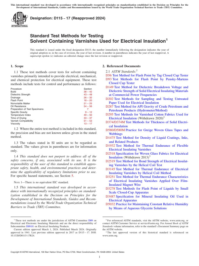 ASTM D115-17(2024) - Standard Test Methods for Testing  Solvent Containing Varnishes Used for Electrical Insulation