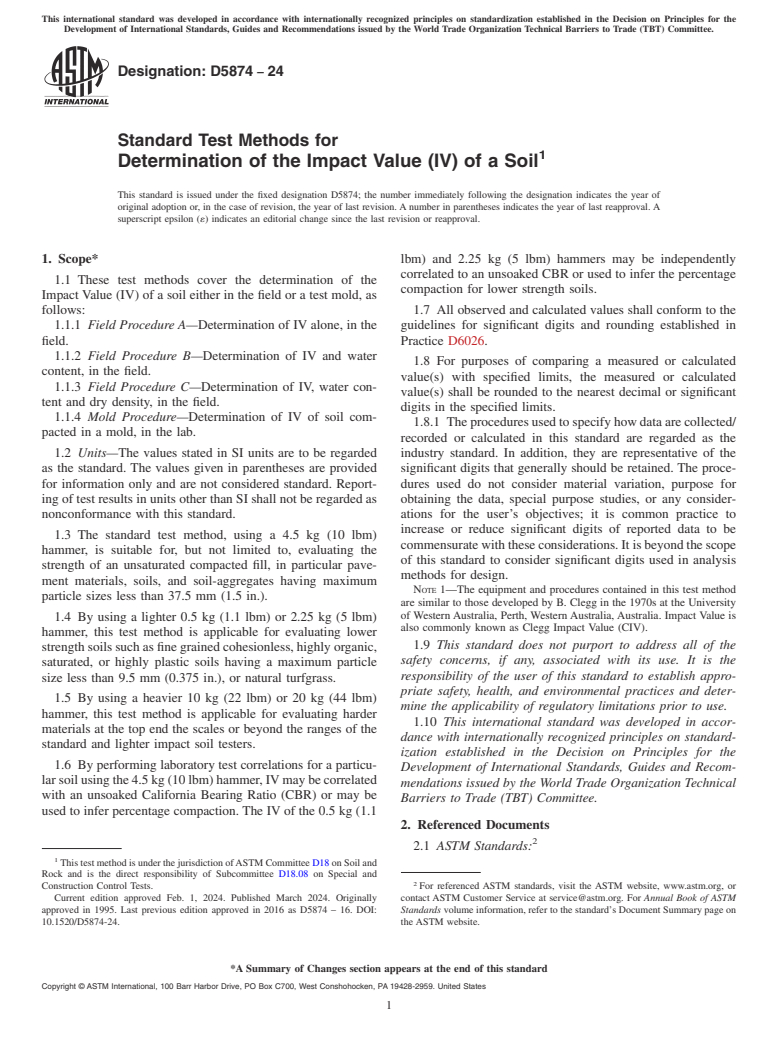 ASTM D5874-24 - Standard Test Methods for Determination of the Impact Value (IV) of a Soil