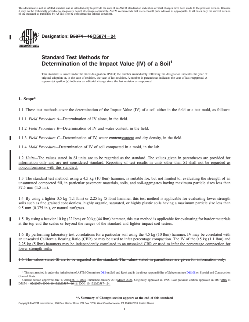 REDLINE ASTM D5874-24 - Standard Test Methods for Determination of the Impact Value (IV) of a Soil
