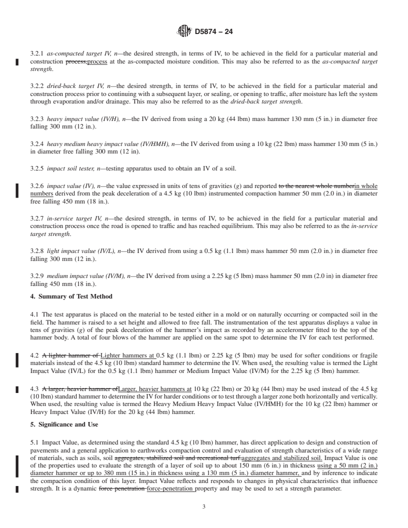 REDLINE ASTM D5874-24 - Standard Test Methods for Determination of the Impact Value (IV) of a Soil