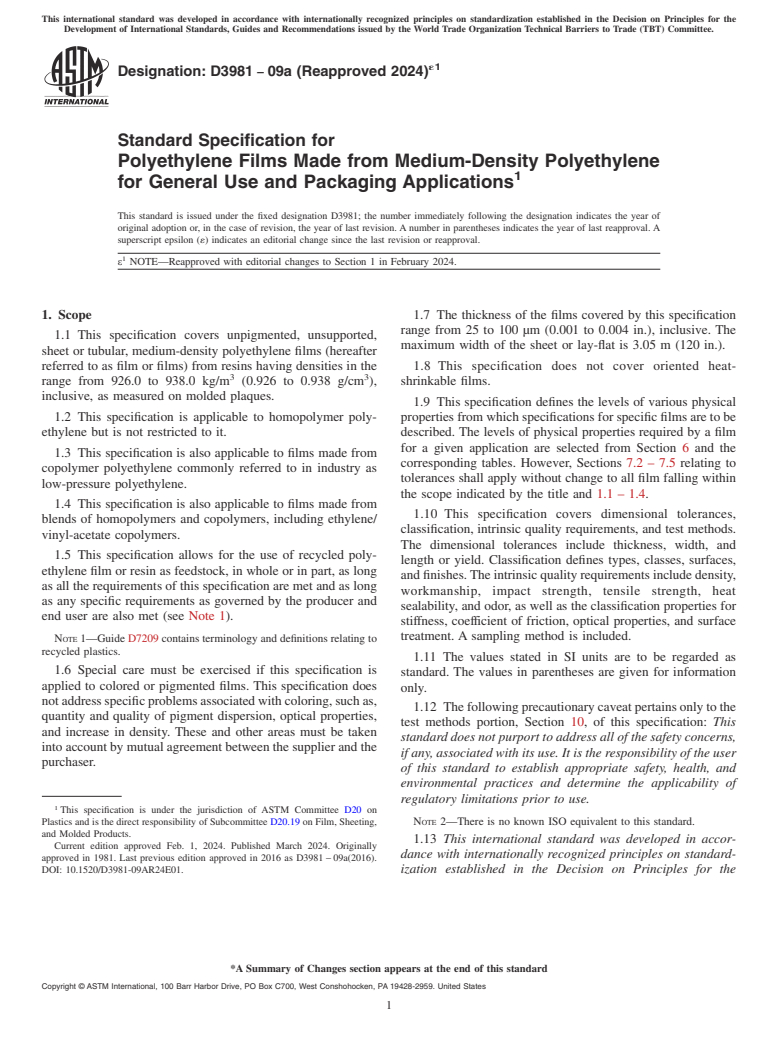 ASTM D3981-09a(2024)e1 - Standard Specification for  Polyethylene Films Made from Medium-Density Polyethylene for  General Use and Packaging Applications