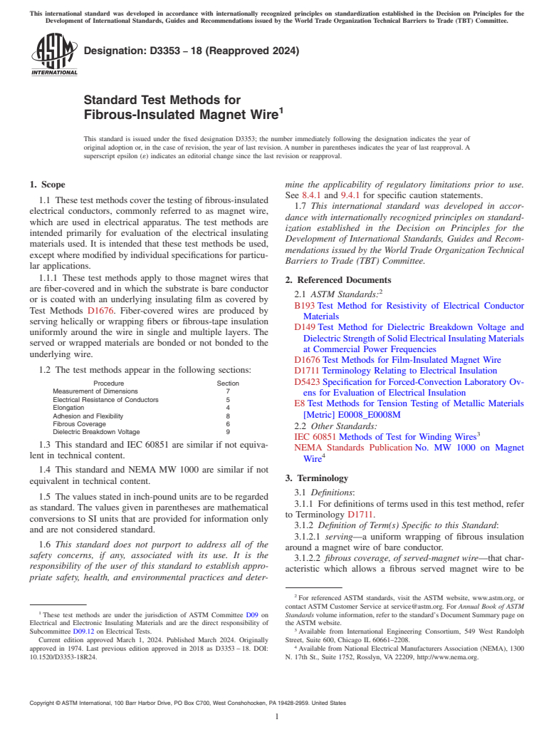 ASTM D3353-18(2024) - Standard Test Methods for  Fibrous-Insulated Magnet Wire