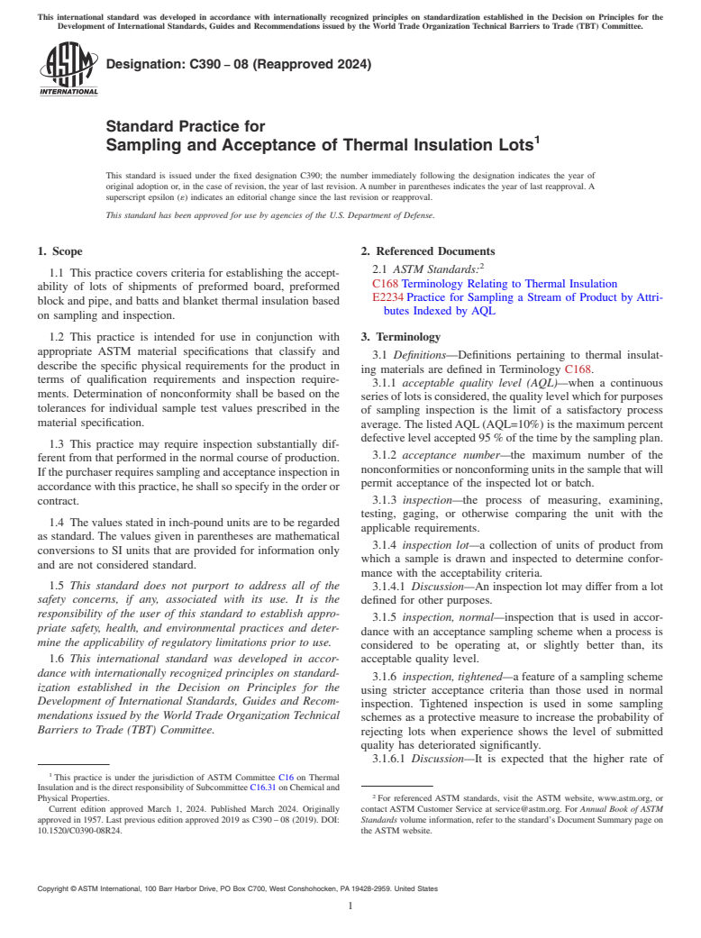 ASTM C390-08(2024) - Standard Practice for  Sampling and Acceptance of Thermal Insulation Lots