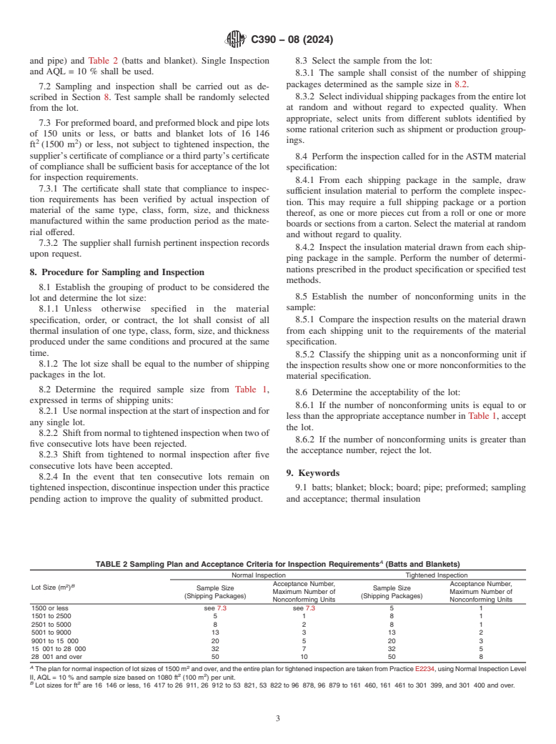 ASTM C390-08(2024) - Standard Practice for  Sampling and Acceptance of Thermal Insulation Lots