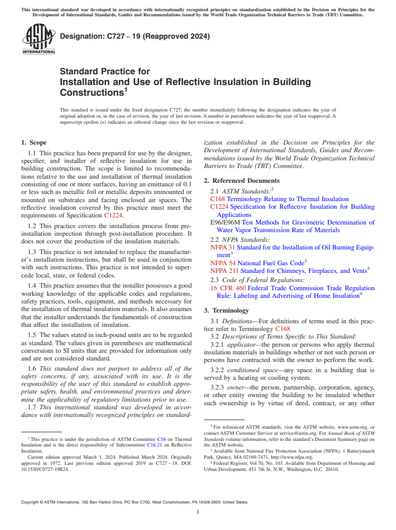 ASTM C727-19(2024) - Standard Practice for Installation and Use of Reflective Insulation in Building Constructions