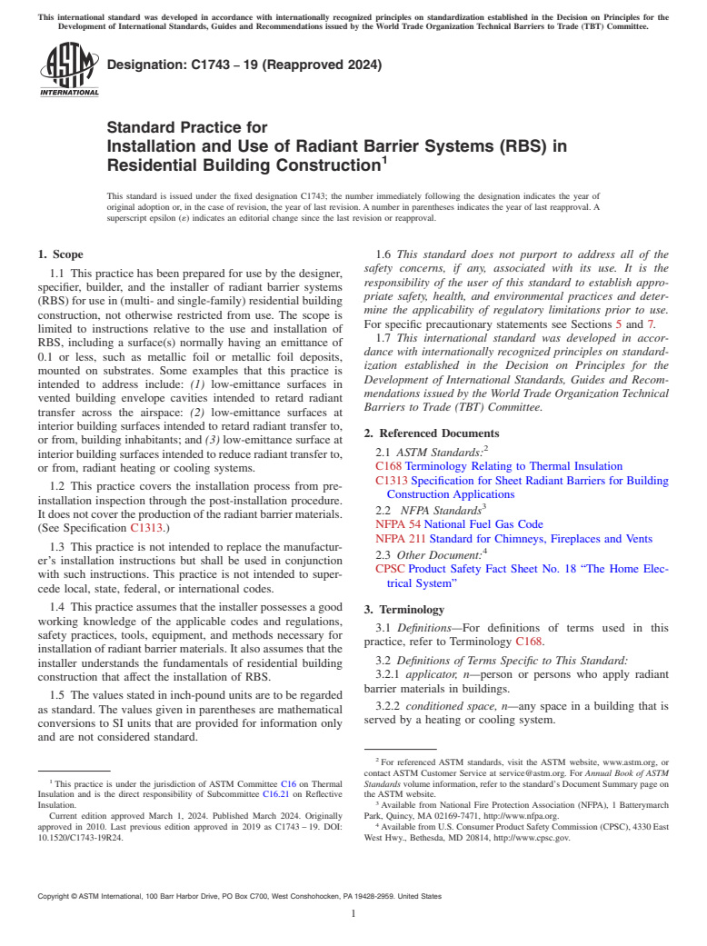 ASTM C1743-19(2024) - Standard Practice for Installation and Use of Radiant Barrier Systems (RBS) in Residential  Building Construction