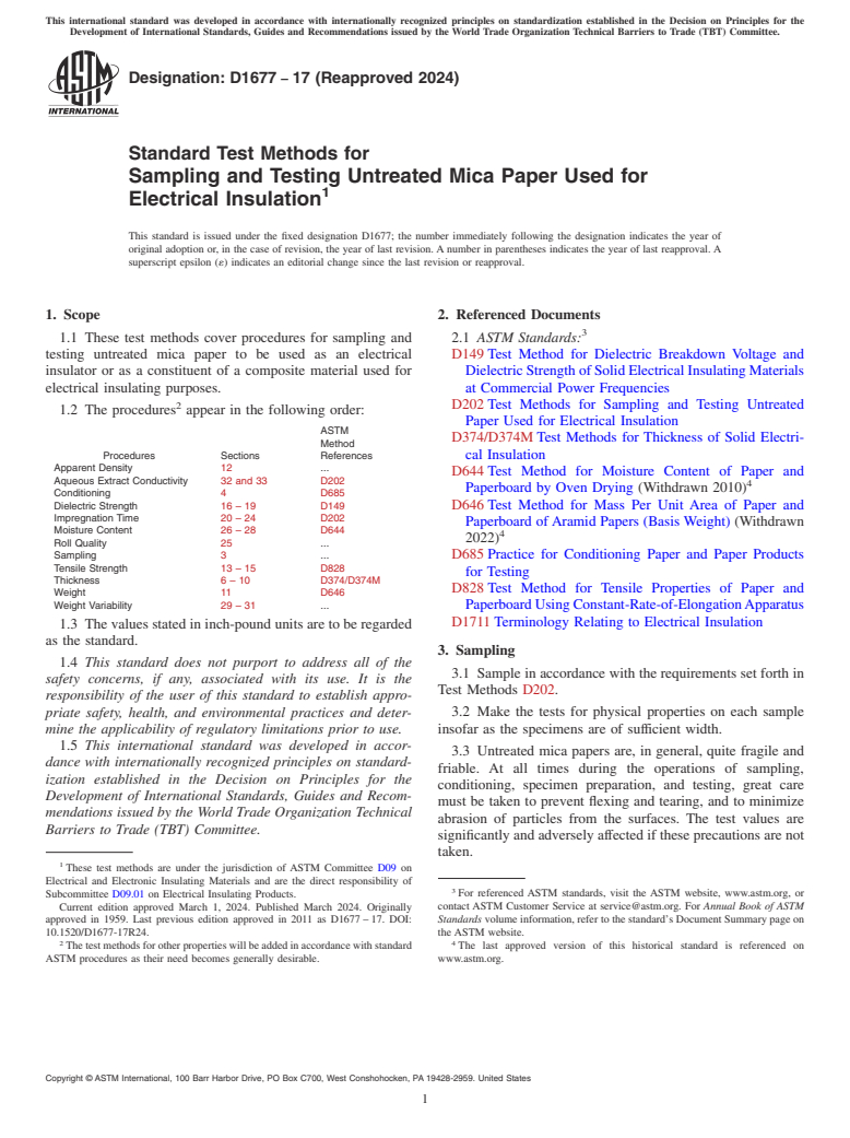 ASTM D1677-17(2024) - Standard Test Methods for  Sampling and Testing Untreated Mica Paper Used for Electrical   Insulation