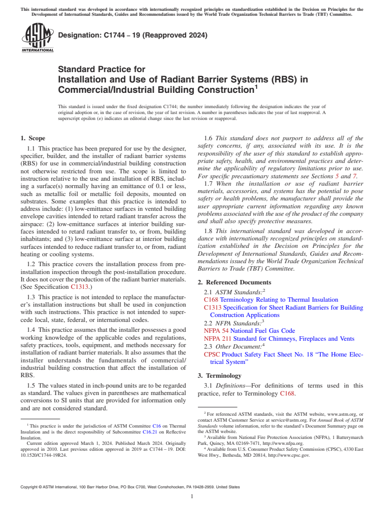 ASTM C1744-19(2024) - Standard Practice for  Installation and Use of Radiant Barrier Systems (RBS) in Commercial/Industrial  Building Construction