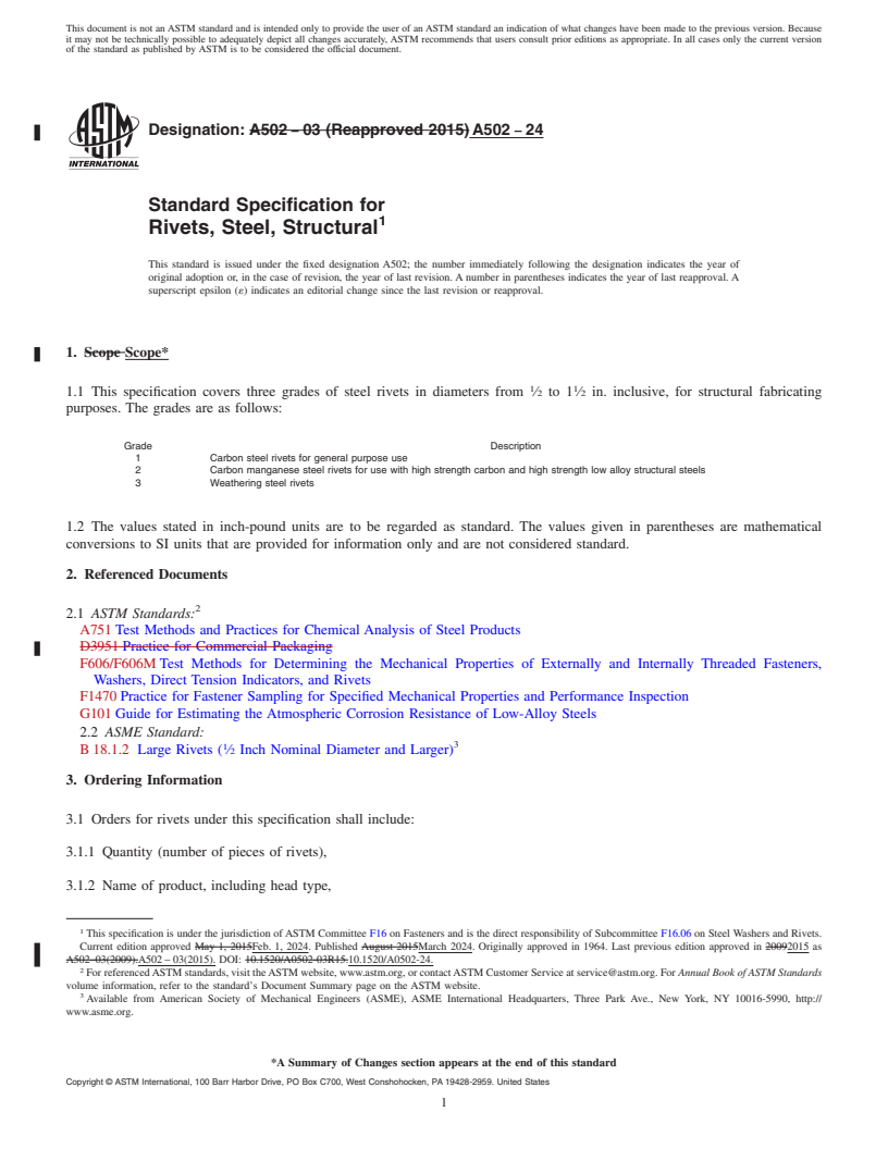 REDLINE ASTM A502-24 - Standard Specification for  Rivets, Steel, Structural