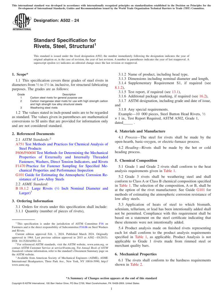 ASTM A502-24 - Standard Specification for  Rivets, Steel, Structural