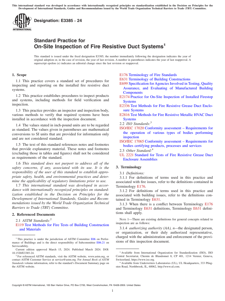 ASTM E3385-24 - Standard Practice for On-Site Inspection of Fire Resistive Duct Systems