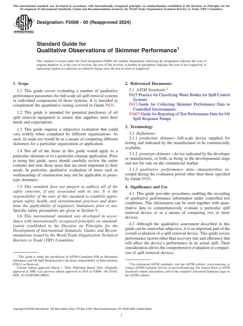 ASTM F2008-00(2024) - Standard Guide for  Qualitative Observations of Skimmer Performance