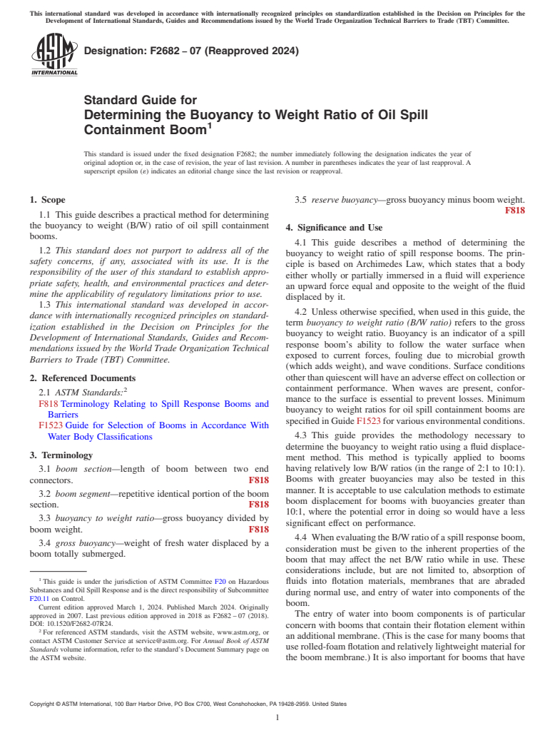 ASTM F2682-07(2024) - Standard Guide for  Determining the Buoyancy to Weight Ratio of Oil Spill Containment  Boom