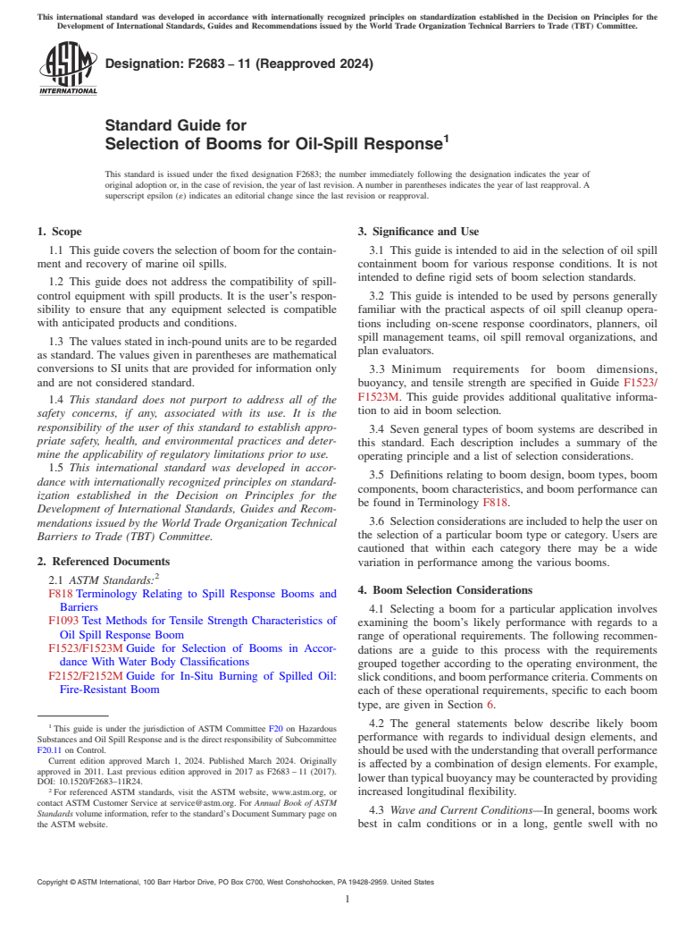 ASTM F2683-11(2024) - Standard Guide for  Selection of Booms for Oil-Spill Response