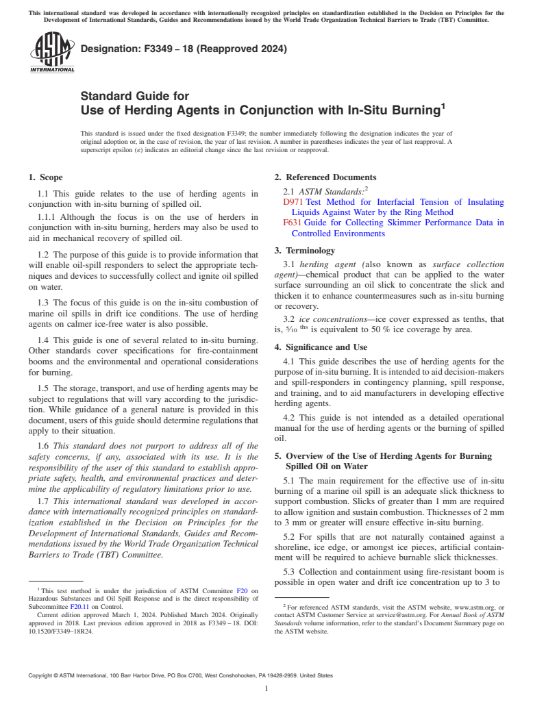 ASTM F3349-18(2024) - Standard Guide for Use of Herding Agents in Conjunction with In-Situ Burning