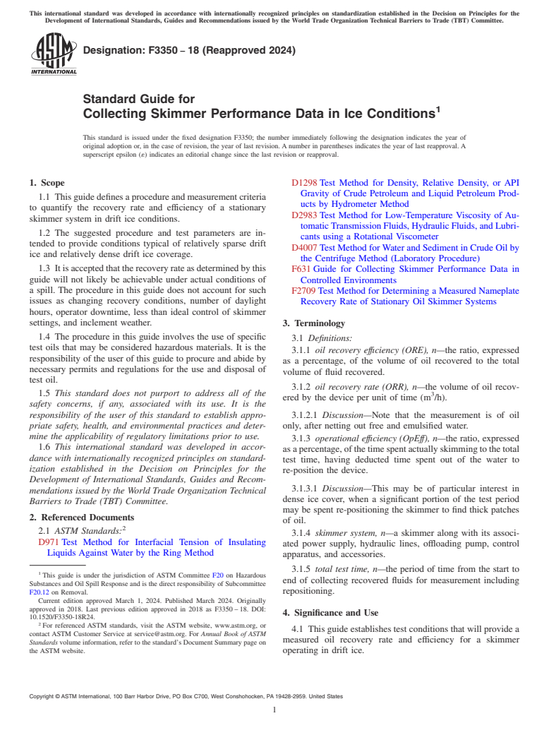 ASTM F3350-18(2024) - Standard Guide for Collecting Skimmer Performance Data in Ice Conditions